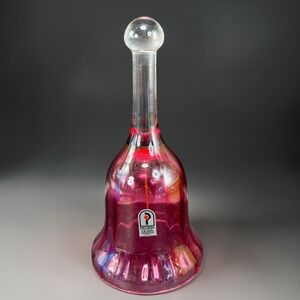 Pilgrim Glass Cranberry‎ Pink Handmade Glass Bell Vintage Clear Handle USA VTG